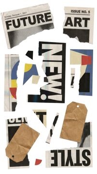 Creative collage of torn newspaper clippings with abstract art elements
