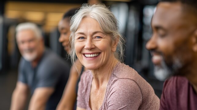 Happy elderly people interacting and smiling while doing physical exercises. Concept of staying socially active and combatting loneliness in old age.