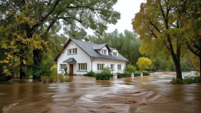 Residential home flooded after heavy rain, muddy river water around house and car, storm disaster, property insurance, emergency management, climate risk, water damage and clean do