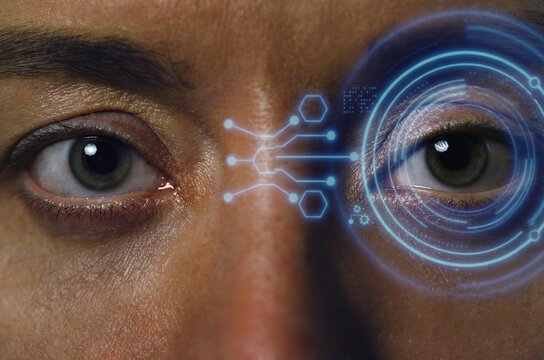 Macro view of eye with biometric facial recognition technology