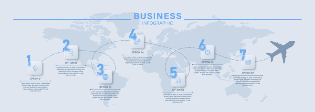 Modern business infographic template featuring seven connected process steps displayed over a world map background. Professional design suitable for global business presentations