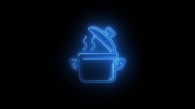 Blue Neon Outline Icon of a Steaming Cooking Pot with Lid Ajar on Black Background food kitchen