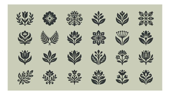 Elegant floral vector icon set, 28 decorative flower and leaf motifs, botanical design elements for branding and wedding invitations, sophisticated nature-inspired graphics