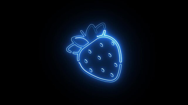 Blue Neon Outline Icon of a Strawberry on Black Background fruit food