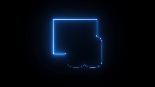 Abstract blue neon outline shape with rounded corners on a dark background bright contour