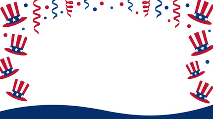 Obraz premium American independence day background with uncle sam hats streamers and confetti over transparent frame for patriotic fest.