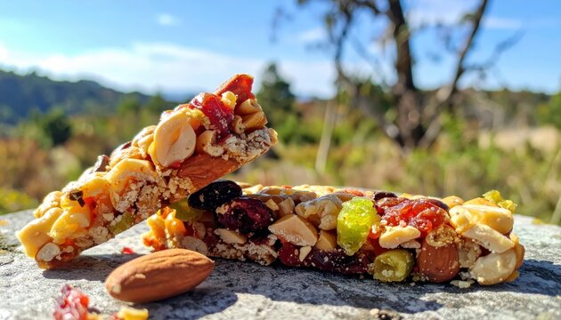 Delicious fruit and nut energy bars with visible chunks of dried fruit and nuts, showcasing a satisfying crunch outdoors.