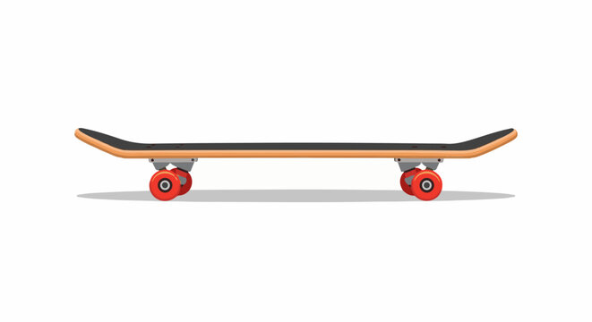 A flat illustration of a skateboard with a wooden deck, black grip tape, and red wheels