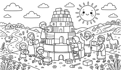 Obraz premium People building Tower of Babel coloring page