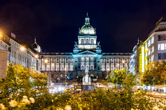 Illuminated National Museum at Wenceslas Square in Prague at night