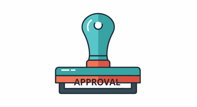 Flat design illustration of a rubber stamp with the word 'Approval' on a white background