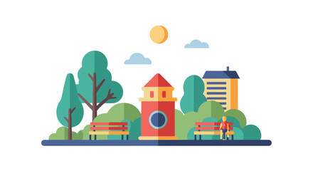 Fototapeta premium A stylized park scene with trees, benches, a tower, building, sun, and clouds