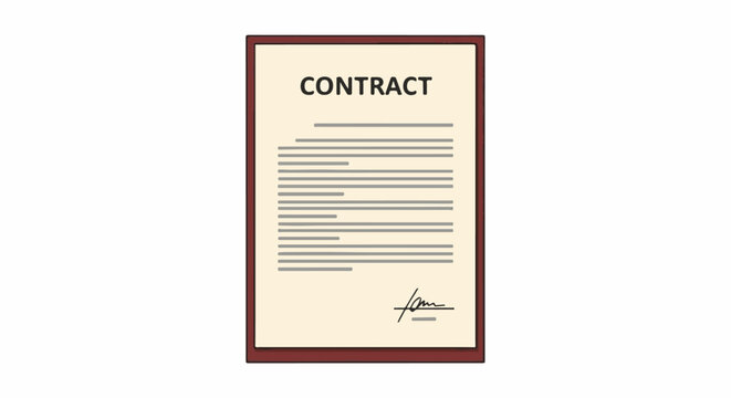 An official document with "CONTRACT" written at the top, filled with lines of text and a signature