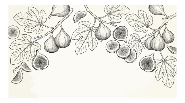 Vintage fig fruit branch illustration, hand drawn botanical sketch border, engraved style figs and leaves vector for organic food packaging