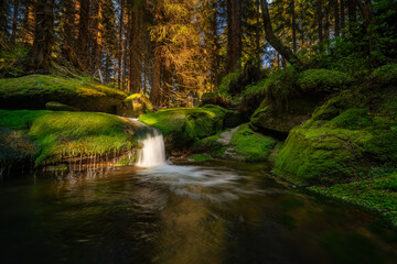 Natura, krajobraz, las, zachód słońca, leśny potok, słońce, woda, światło, długa ekspozycja © Adrian Jaśpiński