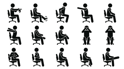 Obraz premium Chair Exercises Stick Figure Icon Set with Desk Stretches, Office Workout Poses, Ergonomic Movements, and Sitting Gymnastics Vector Icons