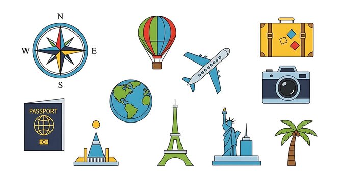 Colorful travel icons including landmarks, transportation, and navigation tools for adventure seekers and tourists worldwide instantly