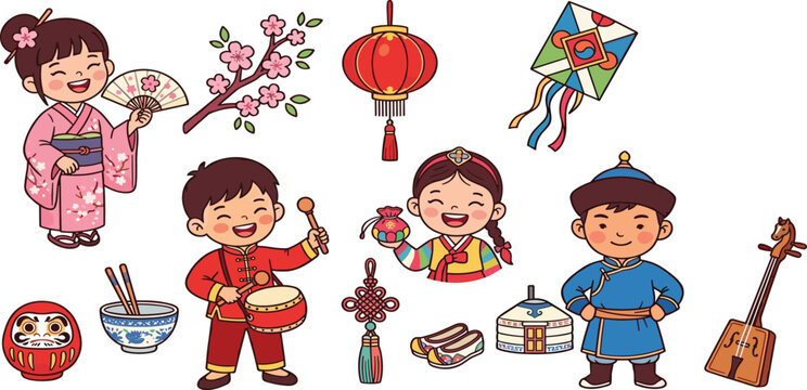 East Asian Traditional Cultural Festival Character Vector Set Featuring Diverse Children in Kimono Hanbok and Deel for Lunar New Year Holiday Designs