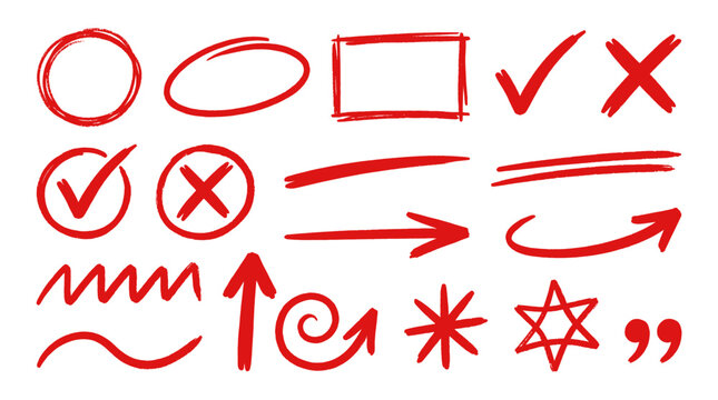 Red Highlighter Element Set with Hand Drawn Circles, Underline Strokes, Correction Arrows, Check Marks, and Cross Symbols Vector Design Assets