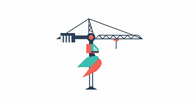 Stylized construction crane with geometric shapes in blue, red, and teal
