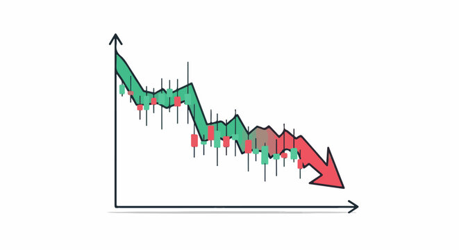 Stylized financial candlestick chart showing a downward trend with a red arrow
