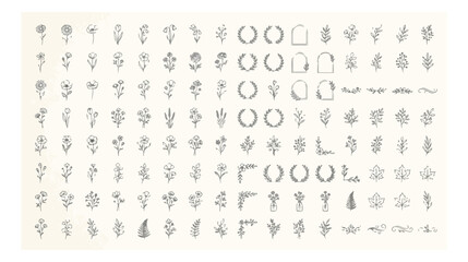 Minimalist hand drawn floral elements vector set, delicate botanical line art icons, elegant wildflower sketches for wedding invitations and branding © I'm_coming