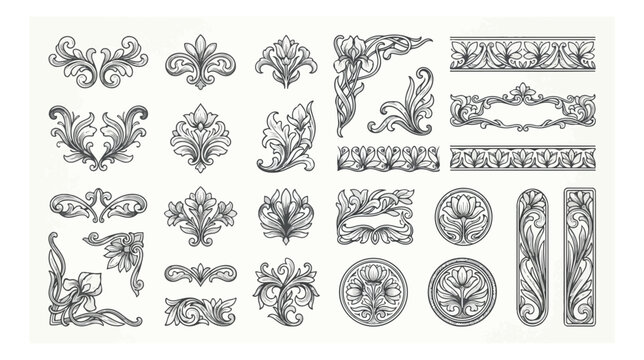 Vintage floral ornaments and baroque decorative elements set. Elegant victorian filigree borders and dividers vector. Classic black line art flourishes.
