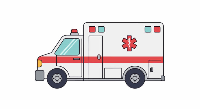 White ambulance with red stripe and star of life emblem on side