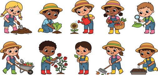 Fototapeta premium Cute Kids Gardening Character Vector Set Featuring Diverse Children Planting Seeds Watering Flowers and Harvesting Vegetables for Educational Graphic Designs