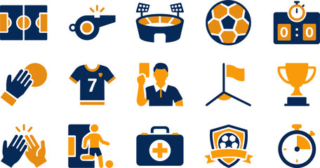 Soccer and football vector icons set including ball field stadium whistle stopwatch trophy cup referee yellow card jersey player medical kit and corner flag glyph elements for sport championship tourn © Yeva Storm