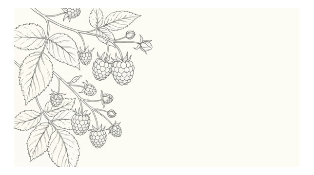 Vintage raspberry branch line art, botanical berry sketch with leaves and fruit, hand drawn raspberry vector illustration for organic food packaging