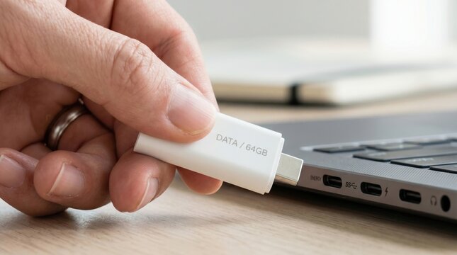 A hand is inserting a 64GB USB flash drive into a laptop's USB port on a desk.