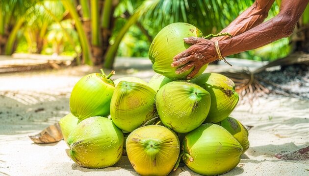 Farmer stacking fresh young green coconuts on tropical sandy beach under palm trees