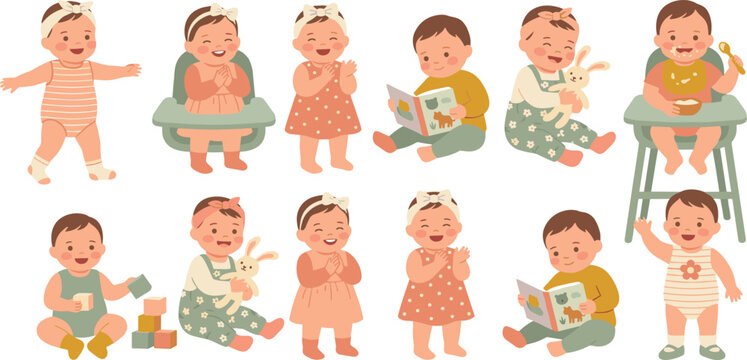 Cute Baby Character Sticker Set Showing Daily Milestones Activities and Toddler Routine Concepts for Parenting and Nursery Graphic Designs
