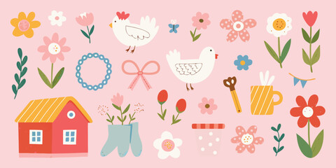Floral ornament with chickens house and gardening tools vector illustration © Ripa