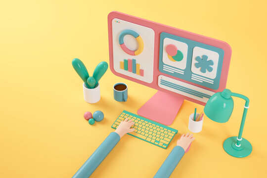 Cartoon hands using pink computer on yellow background
