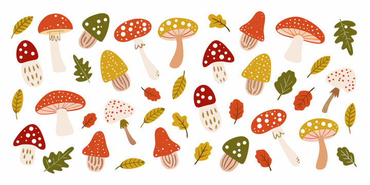 Colorful Mushrooms And Leaves A Vector Illustration Pattern