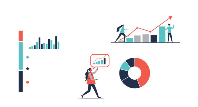 Set of business infographic elements featuring people interacting with various data visualizations like bar graphs, line charts, and pie charts.