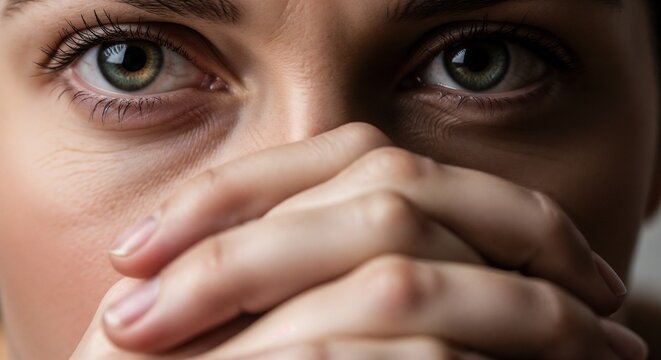 Close up portrait of person, hands clasped, direct eye contact. Intense green eyes show deep emotion, powerful eye contact. Image for communication, introspection, or concepts with eye contact focus.