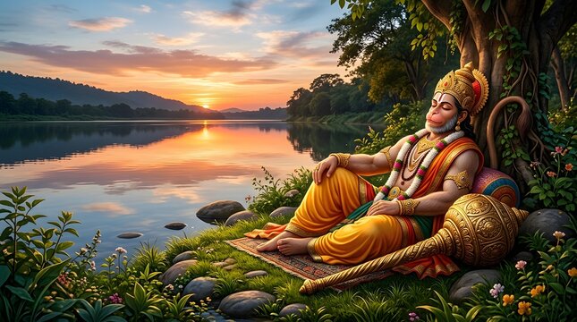 Hanuman meditating by a tranquil river at sunset with serene landscape