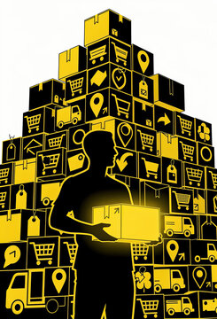 Delivery Worker Holding Package Among Ecommerce and Logistics Boxes Illustration