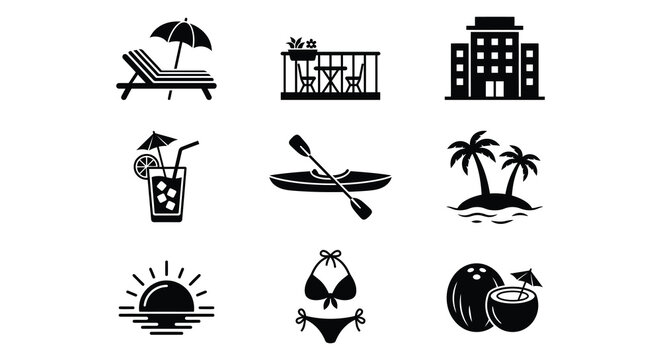 Tropical Vacation Icons Flat Vector Silhouettes On White Background