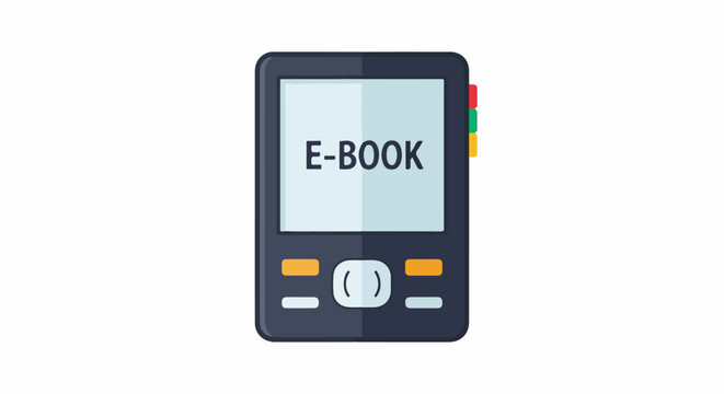 Minimalist illustration of a dark gray portable e-reader device with a light blue screen displaying the text "E-BOOK" and colorful tabs