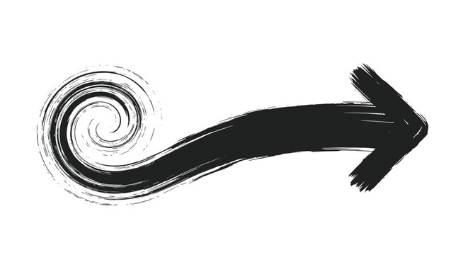Hand drawn black ink brush stroke arrow with a spiral tail pointing right on a clean white background, perfect for artistic design.