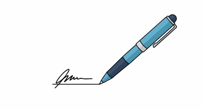 A blue and dark blue pen is writing a signature on a white background