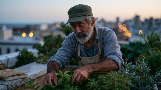 Twilight blue hour rooftop urban garden where older man harvests September herbs following circadian-aligned daily rhythm, habitual timing visible in practiced movement, city