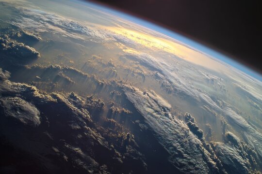 Sunlight streaming through cloud layers above Earth from orbital altitude