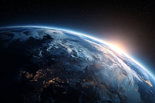 Earth sunrise above Europe with illuminated cities and atmospheric cloud systems