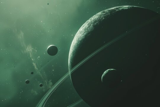 Ringed planet and multiple moons suspended in deep space
