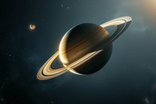 Sunlit ringed planet with distant moons against a starfield backdrop
